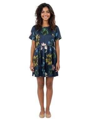 Topshop Size 6 Blue Satin Floral Crew Neck Short Sleeve Mini Dress